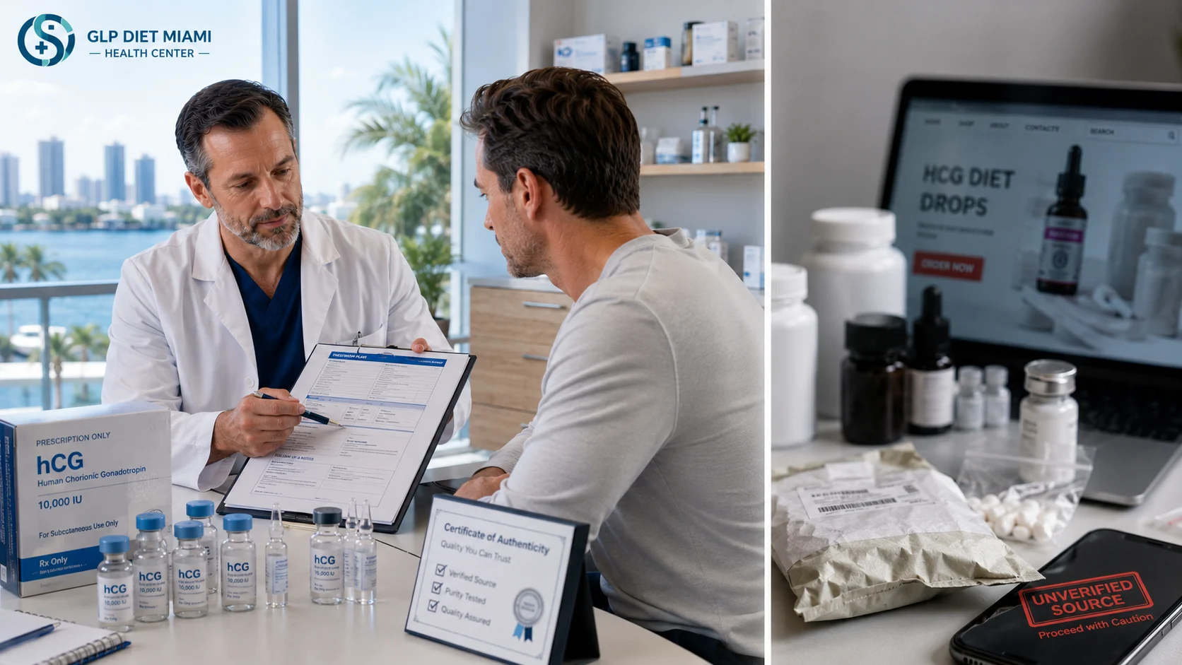 Licensed healthcare provider consulting with a patient about hCG treatment in a medical clinic, contrasted with questionable online products and unverified sources
