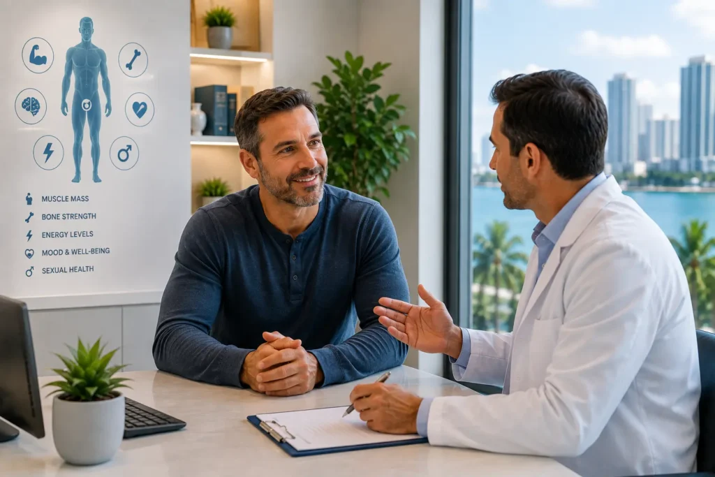 Male patient consulting with a healthcare professional about healthy testosterone levels and overall wellness in a modern medical clinic