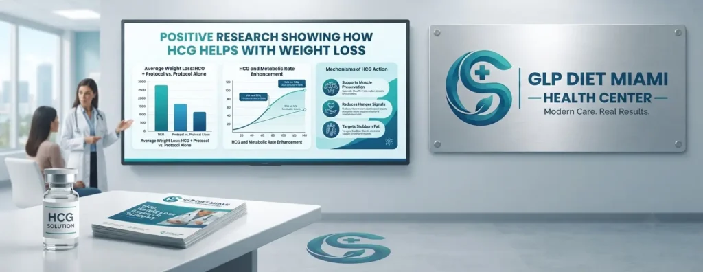 Infographic presenting research on HCG and weight loss with physician consultation at GLP Diet Miami