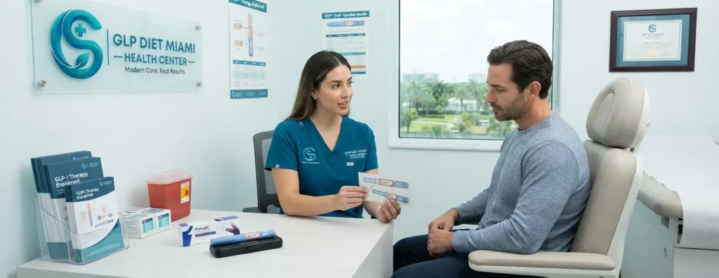 Healthcare provider discussing HCG weight loss treatment with a patient at GLP Diet Miami