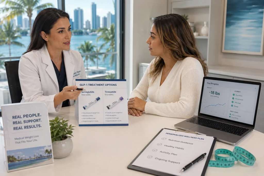 Healthcare provider discussing personalized GLP-1 weight loss treatment with a patient in a modern Miami clinic