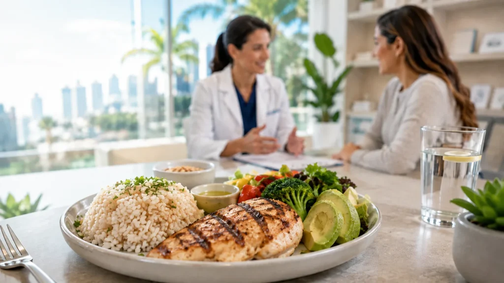 Healthy rice meal with grilled chicken, vegetables, and avocado during a nutrition consultation for semaglutide weight management